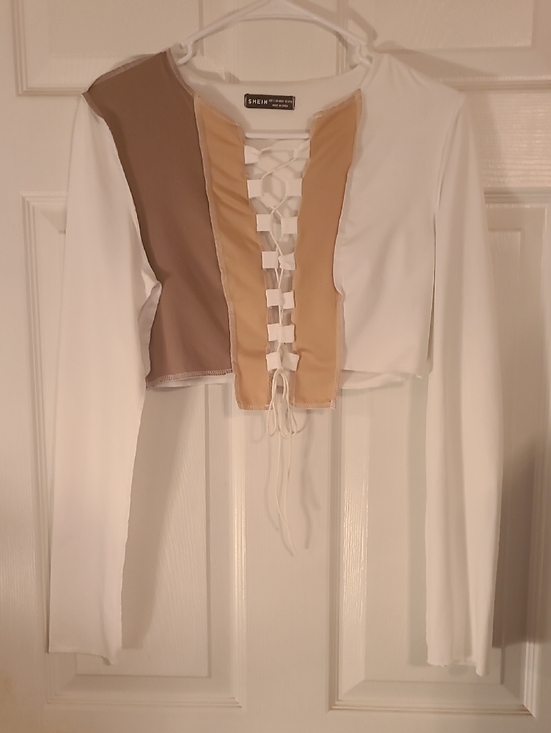 SHEIN Tops - SHEIN White Long Sleeve Lace-Up Colorblock Crop Top with Tan and Brown Panels